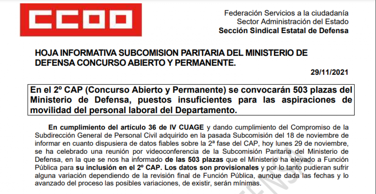 Hola informativa de CCOO.