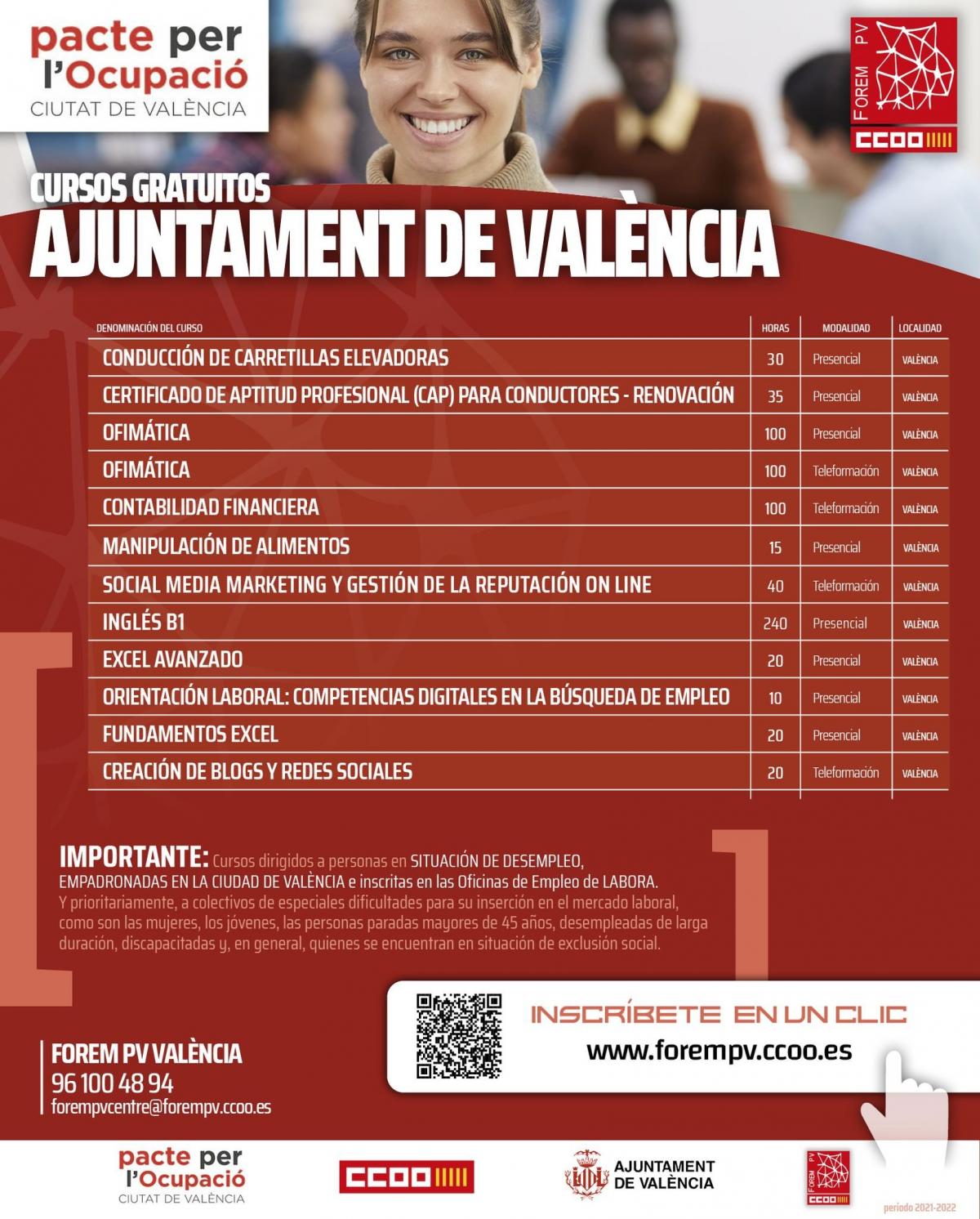 Cartell oferta cursos Pacte per l’ocupació ciutat de València