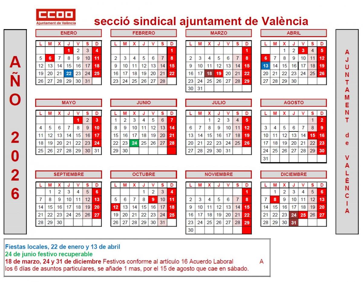 CALENDARI LABORAL AJUNTAMENT VALÈNCIA