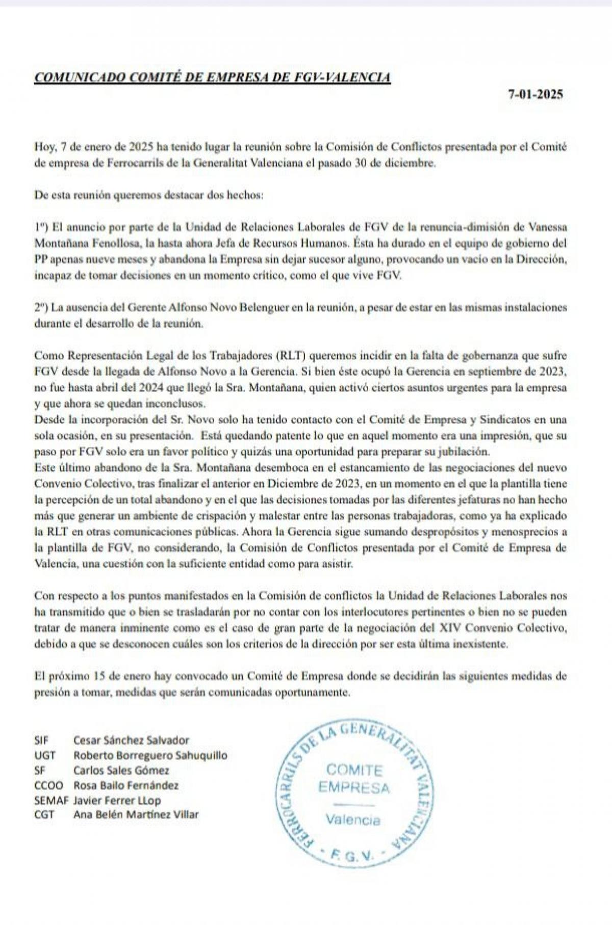 Comunicado Comit de Empresa de FGV